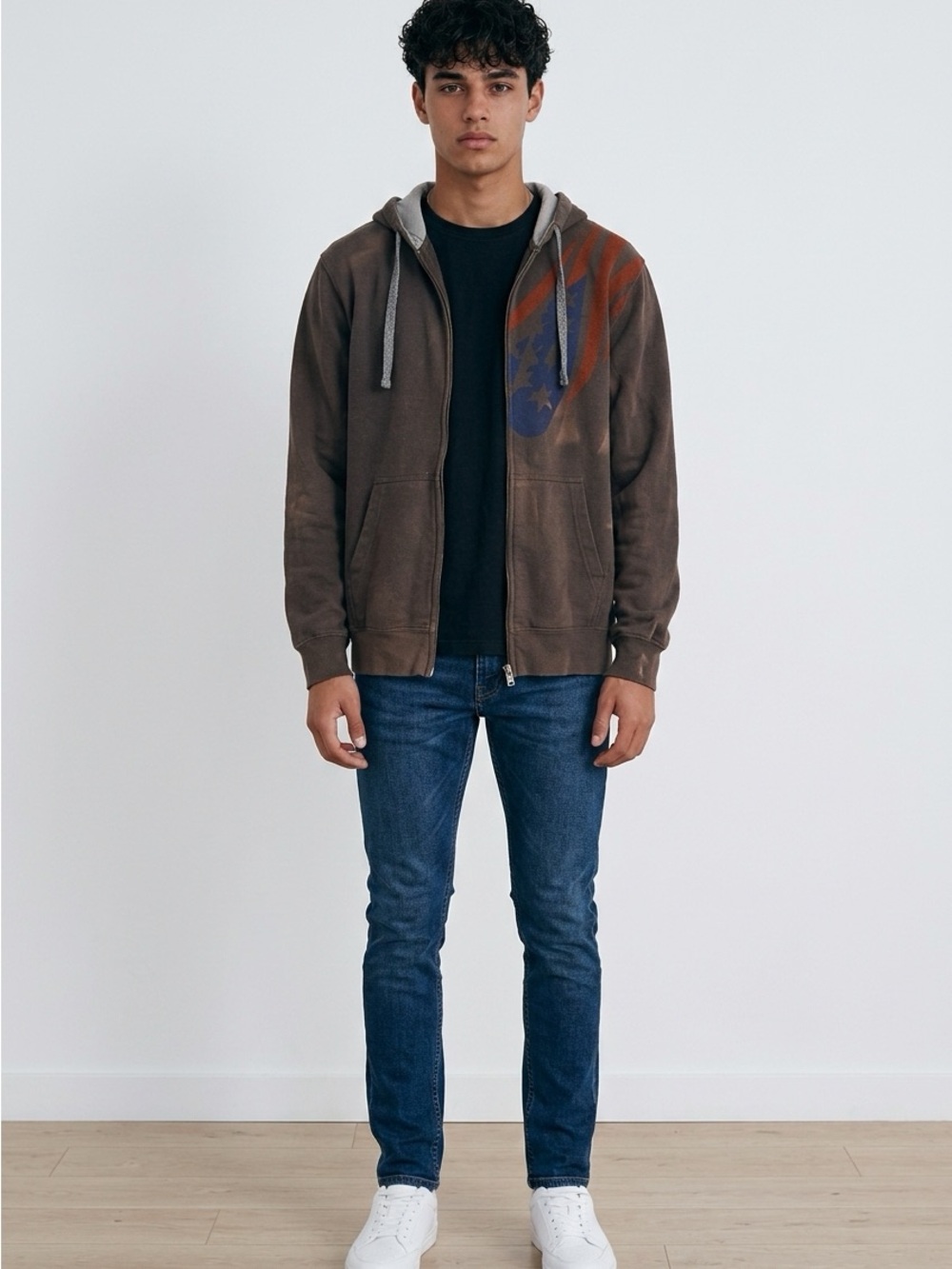 Men's Brown Zip-Up Hoodie Sweatshirt - Casual Hooded Jacket